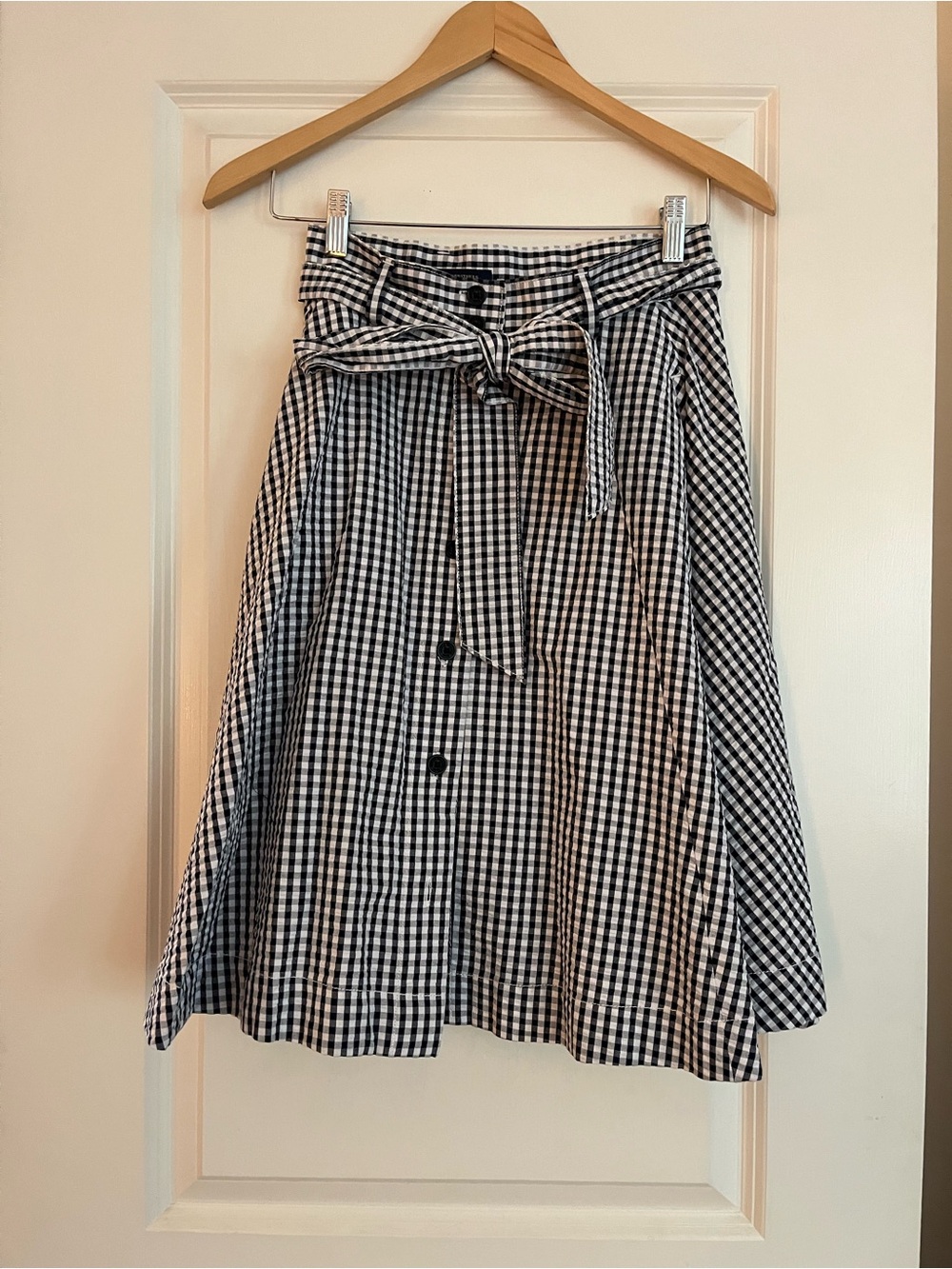 Brooks Brothers Navy Blue & White Gingham Seersucker Button Down Skirt Tie Waist